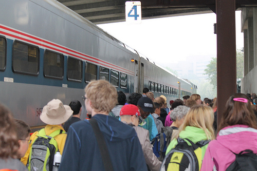 Large group boards a Wolverine train at Ann Arbor, MI on May 28, 2013.