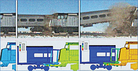 Image of a crash energy management test simulation based on a 2002 rear-end collision. From the US DOT John A. Volpe National Transportation Systems Center.