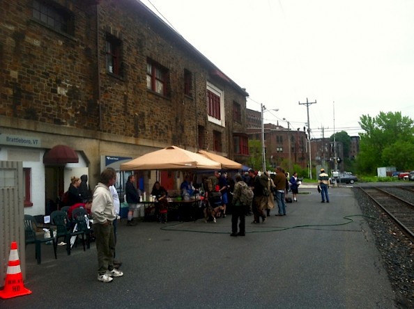 Tents set up for Train Day on Brattleboro's Amtrak platform.